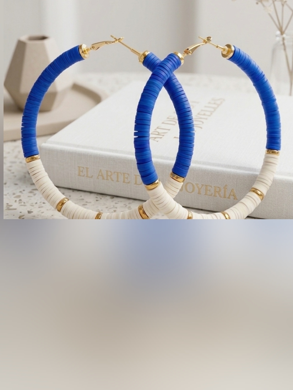 Bold Blue and Cream Hoop Earrings with Gold Accents - Picture 4 of 9
